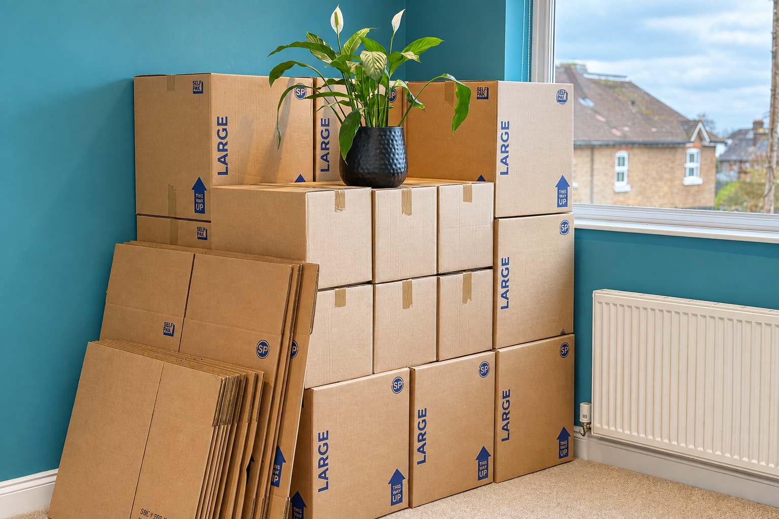 Stacked cardboard packing boxes and flat cartons in a teal room beside a window